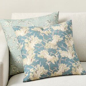 Pottery Barn Reversible Pillow Vintage Island Palm Tree Crane Bird Blue 20" Sq